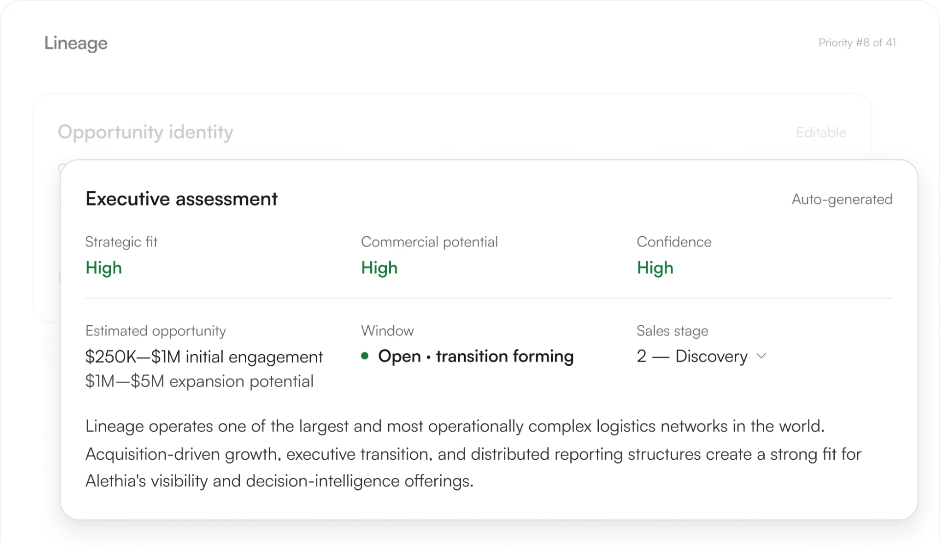 Example account assessment showing commercial potential, strategic fit, confidence and timing, with supporting account context.