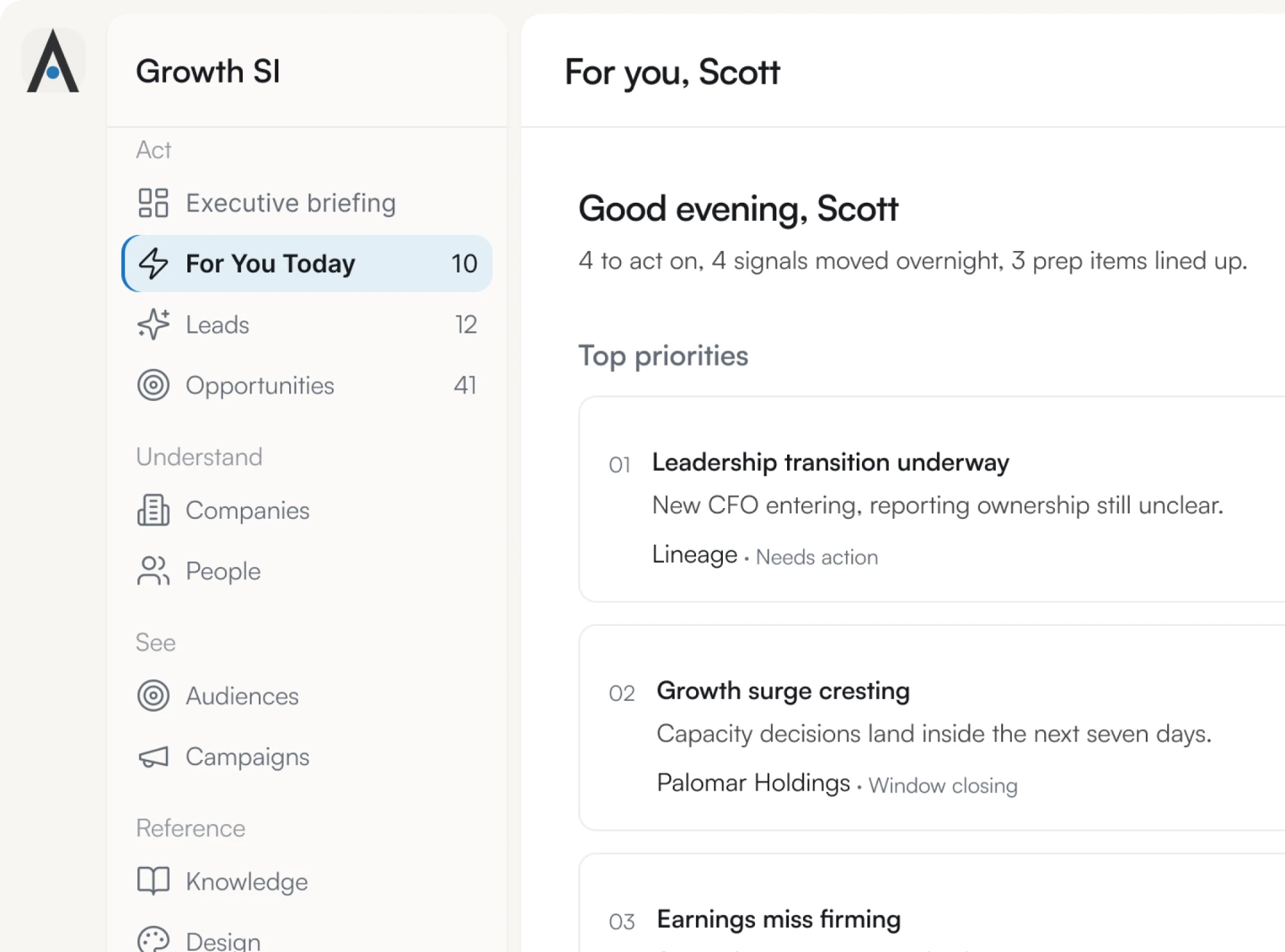 Growth Intelligence home screen with navigation and customer priorities.