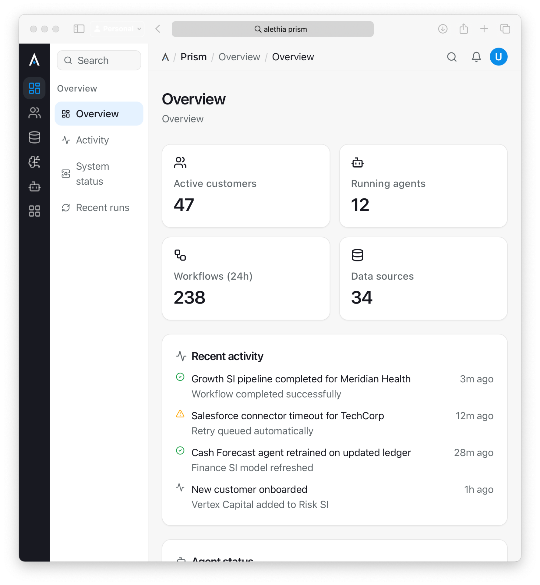 Alethia Prism platform overview showing active customers, running agents, workflows, and recent activity